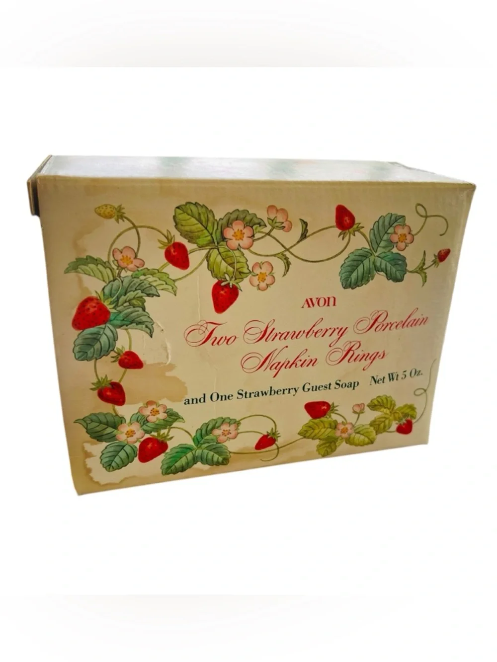 Vintage 1978 Avon Strawberry Porcelain Napkin Ring Set + Guest Soap